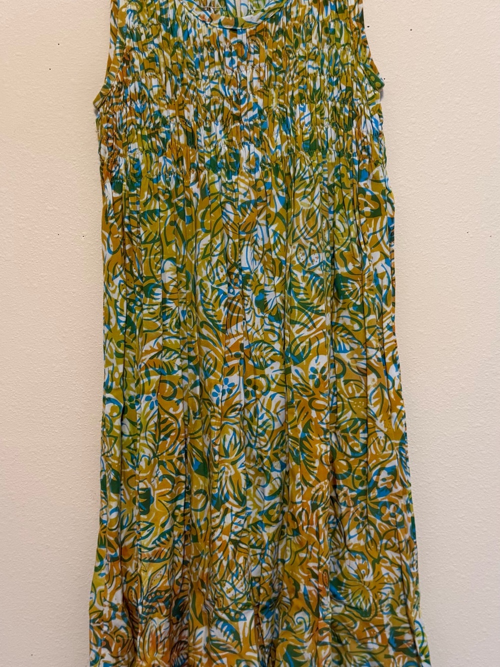 Blue Ginger Hawaii Tropical Sleeveless Smocked Midi Dress Size 10 Resort Rayon